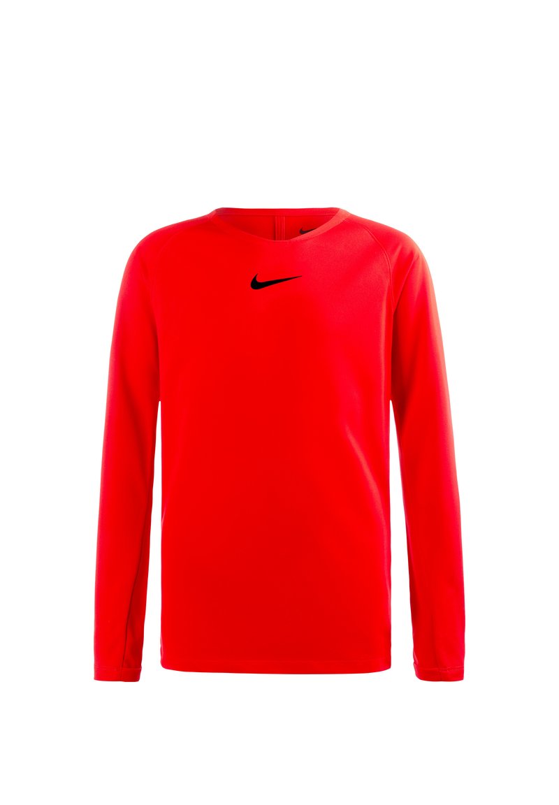 Rotes Langarmshirt aus glattem Stoff, mit rundem Halsausschnitt und schwarzem Nike-Logo, das auf der Brust zentriert ist.