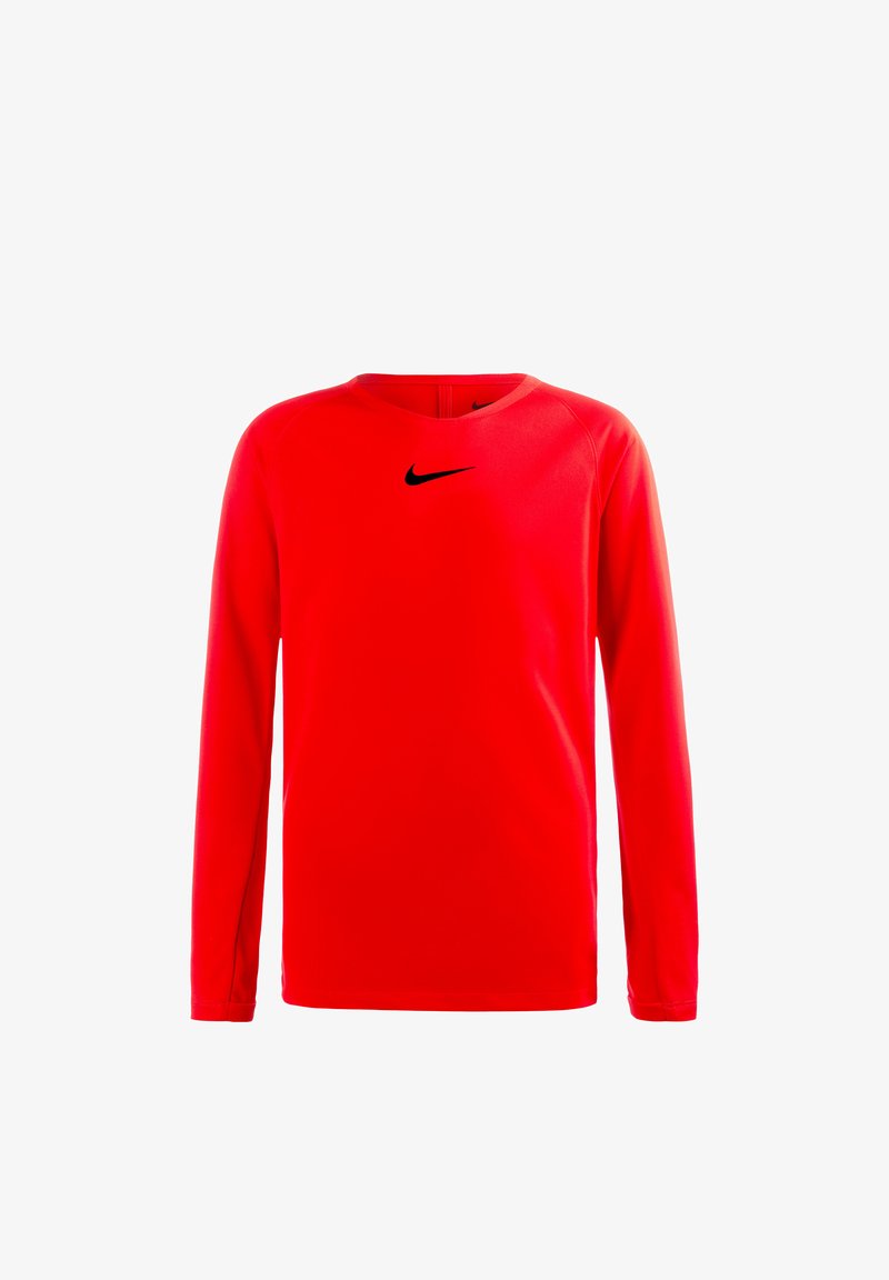 Rotes Langarmshirt aus glattem Stoff, mit rundem Halsausschnitt und schwarzem Nike-Logo, das auf der Brust zentriert ist.