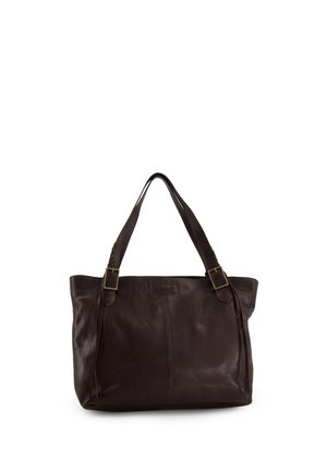 Donkerbruine leren shopper met dubbele banden met messing gespen, gladde textuur en subtiele voorste stiksels.