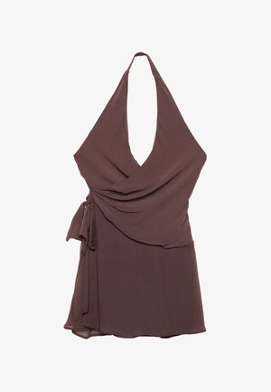 Halterneck top i mørkebrun stof, med en indviklet design og sidesløjfe detalje. Glat tekstur med draperingselementer.