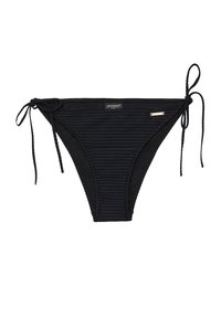 Crne prugaste bikini gaćice s podesivim vezicama sa strane. Imaju teksturirani materijal i mali zlatni detalj s oznakom.