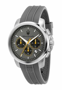 Grau-silicone Armbanduhr mit grauem Zifferblatt, Gehäuse aus silbernem Edelstahl, drei Sub-Zifferblättern und orangefarbenen Akzenten. Verfügt über ein Datumsfenster und ein strukturiertes Armband.