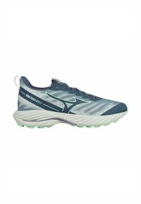 Mizuno Wave Rider GTX 2 hardloopschoen in blauw en muntgroen, met een bovenwerk van mesh, een gevoerde zool en een golfpatroon aan de zijkant.