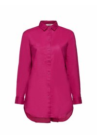 Chemise magenta à manches longues, boutonnée, avec col pointu et ourlet arrondi, présentée sur fond blanc.