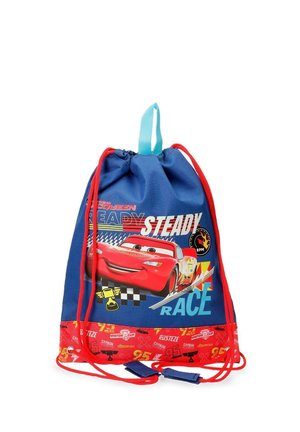 Mochila con cordón azul y roja con la imagen de Lightning McQueen de Cars, con gráficos de temática de carreras y cuerdas rojas ajustables.