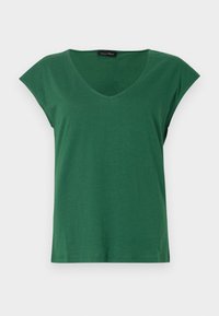 T-shirt verde in cotone con maniche corte a cappuccio, scollatura a V e vestibilità rilassata. Texture liscia, senza motivi, design semplice.