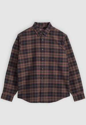 Braunes und marineblau kariertes Hemd zum Knöpfen mit einem Hemdkragen, langen Ärmeln und einer einzelnen Brusttasche. Der Stoff hat eine strukturierte Optik.