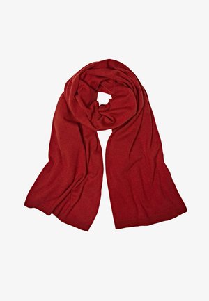 Rode gebreide sjaal met een zachte textuur, met een lang, vloeiend ontwerp. De uiteinden hebben een subtiele ribbelgebreide structuur voor extra detail.