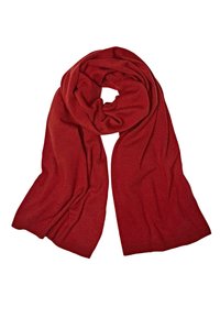 Écharpe en laine rouge tricotée avec une texture douce, présentant un design long et fluide. Les extrémités ont un tricot côtelé subtil pour un détail supplémentaire.