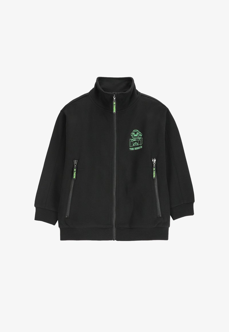 Czarna kurtka zapinana na zamek z wysokim kołnierzem, z dwoma przednimi kieszeniami na zamek, zielonymi akcentami i graficznym wzorem na klatce piersiowej. Miękki materiał.