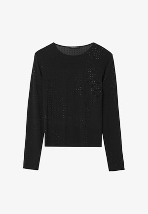Schwarzer Langarmoberteil mit rundem Ausschnitt, das ein strukturiertes Muster aus kleinen Ausschnitten im gesamten Stoff aufweist. Kurz geschnittenes Design.