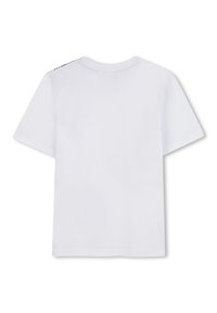 Witte katoenen t-shirt met korte mouwen, een ronde halslijn en een eenvoudig ontwerp. Bevat een klein zwart logo op de linker schouder.