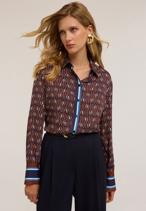 Blusa marrone a fantasia con accenti a righe blu e bianche, bottone frontale, maniche lunghe e colletto classico. Abbinata a pantaloni scuri.