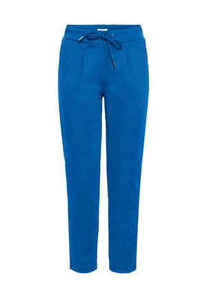 Pantalons de jogging bleus en tissu doux, dotés d'une taille élastique avec cordon de serrage, de poches latérales et de jambes effilées.