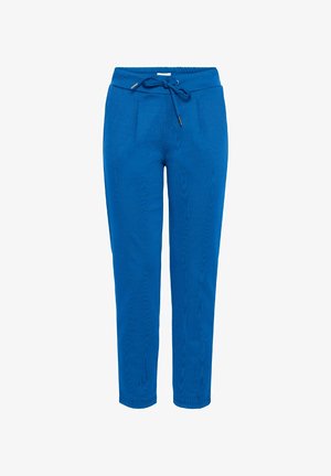 Pealsed sinised jooksupüksid pehmest kangast, millel on elastne vöökoht koos nööriga, küljetaskud ja kitsenevad sääred.