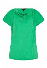 Top verde a maniche corte con scollo drappeggiato, realizzato in tessuto morbido. Presenta una vestibilità rilassata e una leggerissima texture sulla superficie.