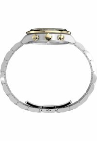 Orologio cronografo in metallo argentato con quadrante nero, dettagli dorati e design del bracciale a maglie con link circolari e ovali.