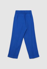 Blue, elastic waist trousers with a straight-leg design, featuring two back pockets and cuffs at the ankle. Smooth, lightweight fabric.