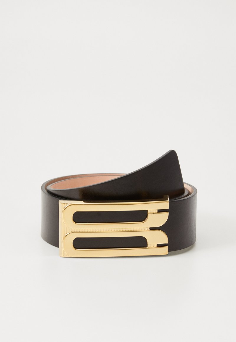 Black leather belt with a gold rectangular buckle featuring two horizontal black sections and a textured edge. Smooth finish, classic style.