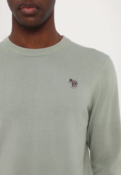 Pullover em malha verde-claro com gola redonda e um pequeno bordado de zebra multicolorida no lado esquerdo do peito. Textura suave, design ajustado.