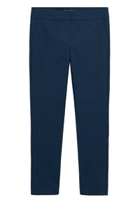 Pantalon bleu marine avec une texture lisse, présentant une coupe droite, deux poches latérales et une ceinture plate.