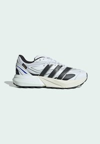 White athletic shoes with black accent stripes, textured mesh and synthetic overlays, chunky sole with geometric design, and lace-up closure.