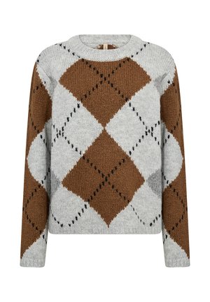 Brūns un pelēks džemperis ar argaila rakstu, apaļu kaklu, garām piedurknēm un teksturētu adījuma virsmu. Izceļas ar melniem šuvju akcentiem.