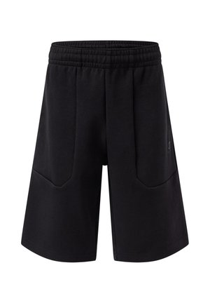 Shorts de sport noirs avec une taille élastique et deux poches avant, longueur au genou et fabriqués en tissu lisse.