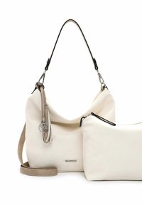 Two cream-colored bags made of smooth material. The larger bag has a curved shape, a detachable strap, and a simple silver charm.