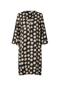 Schwarzes Kleid mit Dreiviertelärmeln, das einen V-Ausschnitt und große beige Punkte auf dem Stoff aufweist. Leichtes Material.