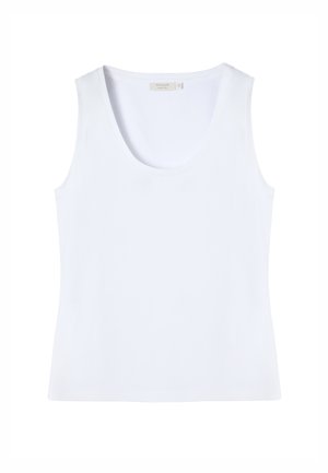 Weißes ärmelloses Tanktop mit Rundhalsausschnitt und kleinem Etikett innen am Kragen, Größe klein.