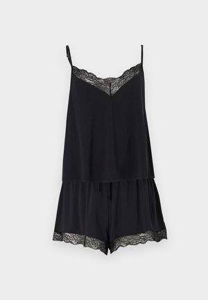 Ensemble débardeur noir et short avec bordure en dentelle à l'encolure et à l'ourlet, bretelles réglables et taille élastique avec cordon au short.