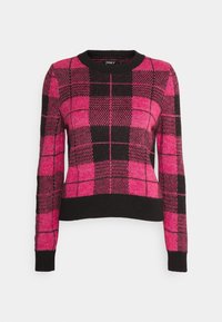 Fuchsia- und schwarz kariertes Sweatshirt mit rundem Ausschnitt, langen Ärmeln und geripptem Saum. Hergestellt aus gestricktem Stoff mit strukturiertem Muster.