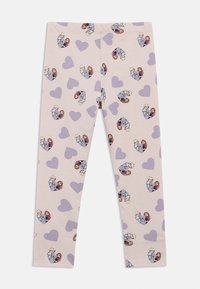 Leggings van lichtroze katoen met een patroon van tekenfilmfiguren en paarse harten, met een nauwsluitende pasvorm en een elastische tailleband.