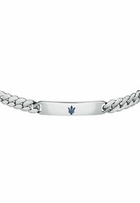 Silberne Armbandkette mit einer flachen zentralen Platte und einem blauen Emblem, gestaltet mit abgerundeten Gliedern und einer polierten Oberfläche.