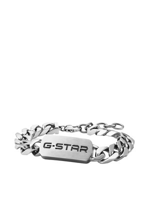 Braccialetto a catena in metallo argento con una piastra rettangolare incisa con "G-STAR" e chiusura a moschettone.