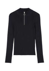 Schwarzer, gerippter Pullover mit langen Ärmeln, hohem Kragen und einem silbernen Halbreißverschluss mit einem runden Ziehgriff.