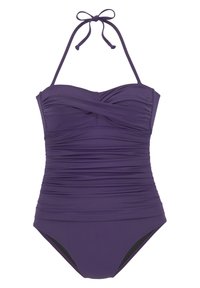Maillot de bain une pièce violet avec un design pliss�é et texturé, doté d'une attache derrière le cou. Présente une doublure noire contrastante au niveau des jambes.