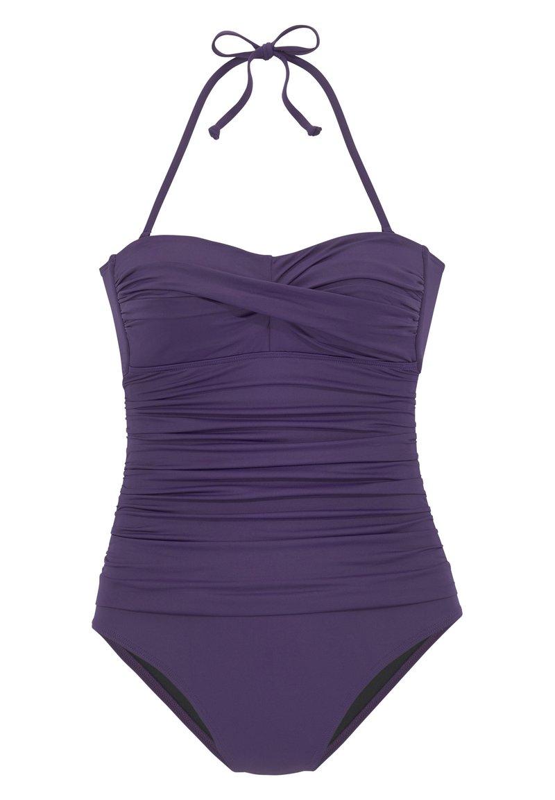 Maillot de bain une pièce violet avec un design plissé et texturé, doté d'une attache derrière le cou. Présente une doublure noire contrastante au niveau des jambes.