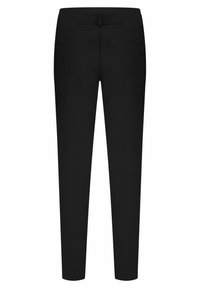 Zwarte op maat gemaakte broek met een gladde textuur, slim fit en twee achterzakken. Heeft een tailleband met subtiele details.