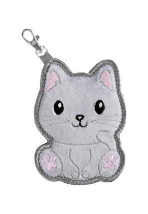 Plush cat keychain in grey, featuring pink ears and paw pads. Embroidered features and silver edging with a metal clip for attachment.
