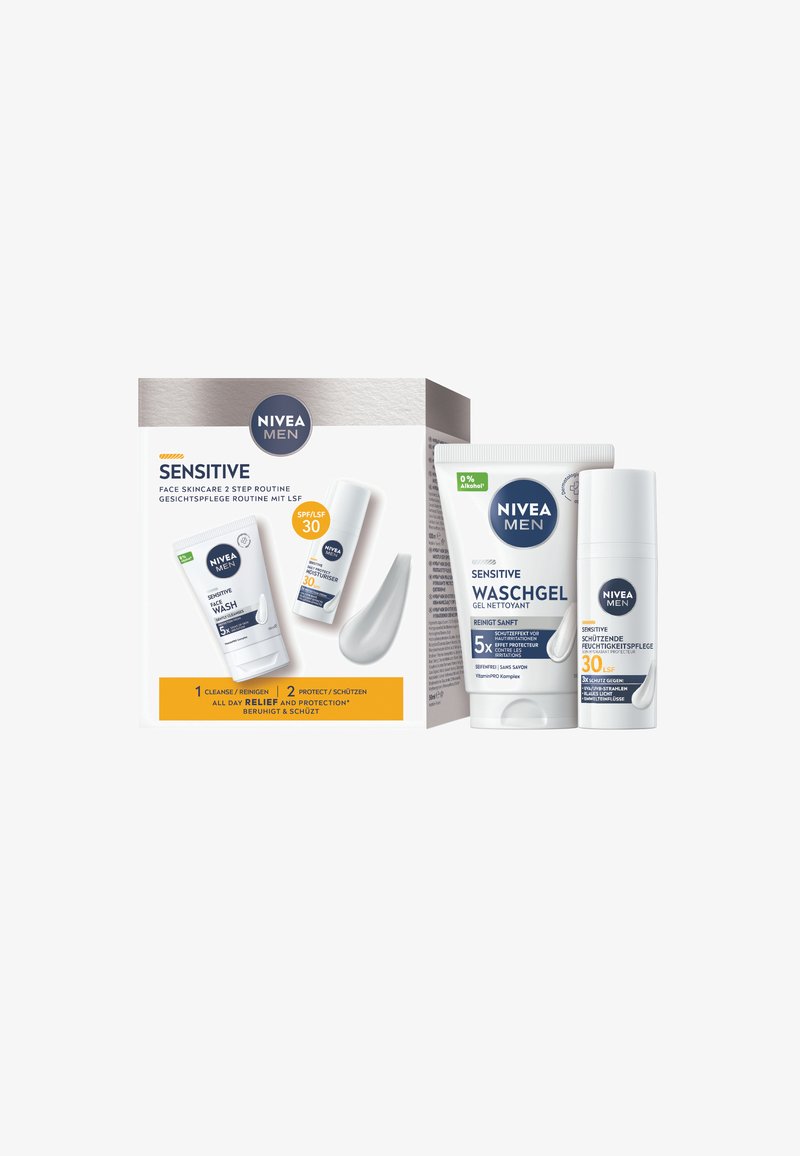 NIVEA Men Sensitive skincare set featuring a white gel cleanser and moisturizing lotion, packaged in a gray box with orange and blue accents.