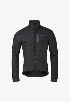 Giacca leggera nera con texture trapuntata, colletto alto, zip frontale completa e logo sul petto. Adatta per attività all'aperto.