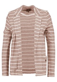 Brun- och vitrandig kofta med öppen frampart, långa ärmar och ficksömmar. Mjuk, strukturerad tyg med en avslappnad passform.