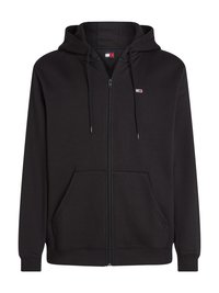 Haut à capuche zippé noir en mélange de coton, avec une capuche à cordon, deux poches avant, des poignets côtelés et un petit patch logo sur la poitrine.