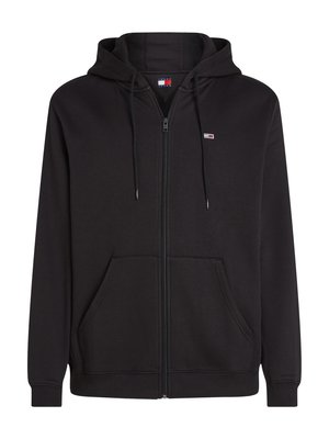 Sort zip-up hættetrøje lavet af en blanding af bomuld, med snørelukning ved hætten, to frontlommer, ribbede manchetter og et lille logo-patch på brystet.
