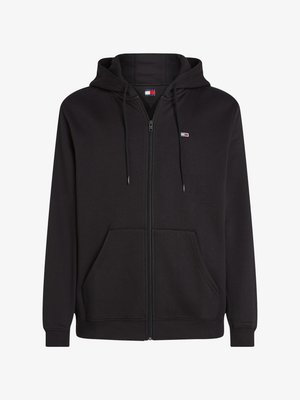 Črna zip-up kapuca iz mešanice bombaža, ki ima nastavljivo kapuco, dva sprednja žepa, rebraste manšete in majhen logotip na prsih.