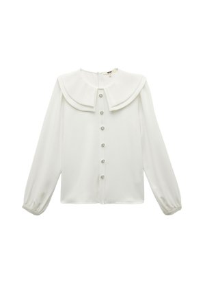 Witte blouse met lange mouwen en oversized gelaagde kraag, met zes decoratieve knopen aan de voorkant, en met gathers aan de mouwen.