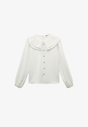 Witte blouse met lange mouwen en oversized gelaagde kraag, met zes decoratieve knopen aan de voorkant, en met gathers aan de mouwen.