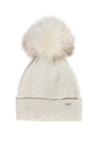 Kreemist kootud beanie, pakse ribiga varrukaga ja suure vale karvapomponiga peal. Varukal on peen kettmustrit ja brändi silt.